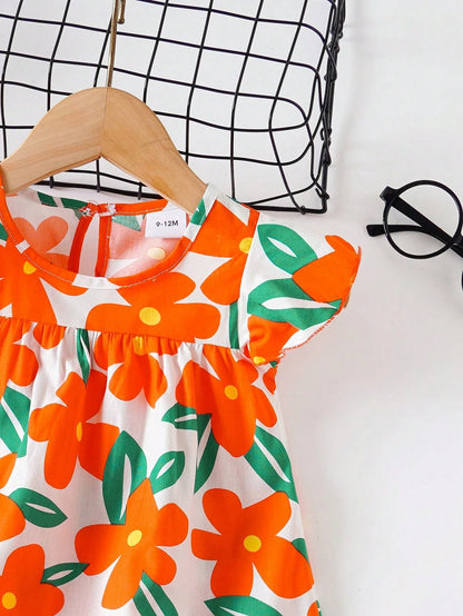 Baby Girls' Floral Print Dress, Infant Short Sleeve Cute Princess Dress