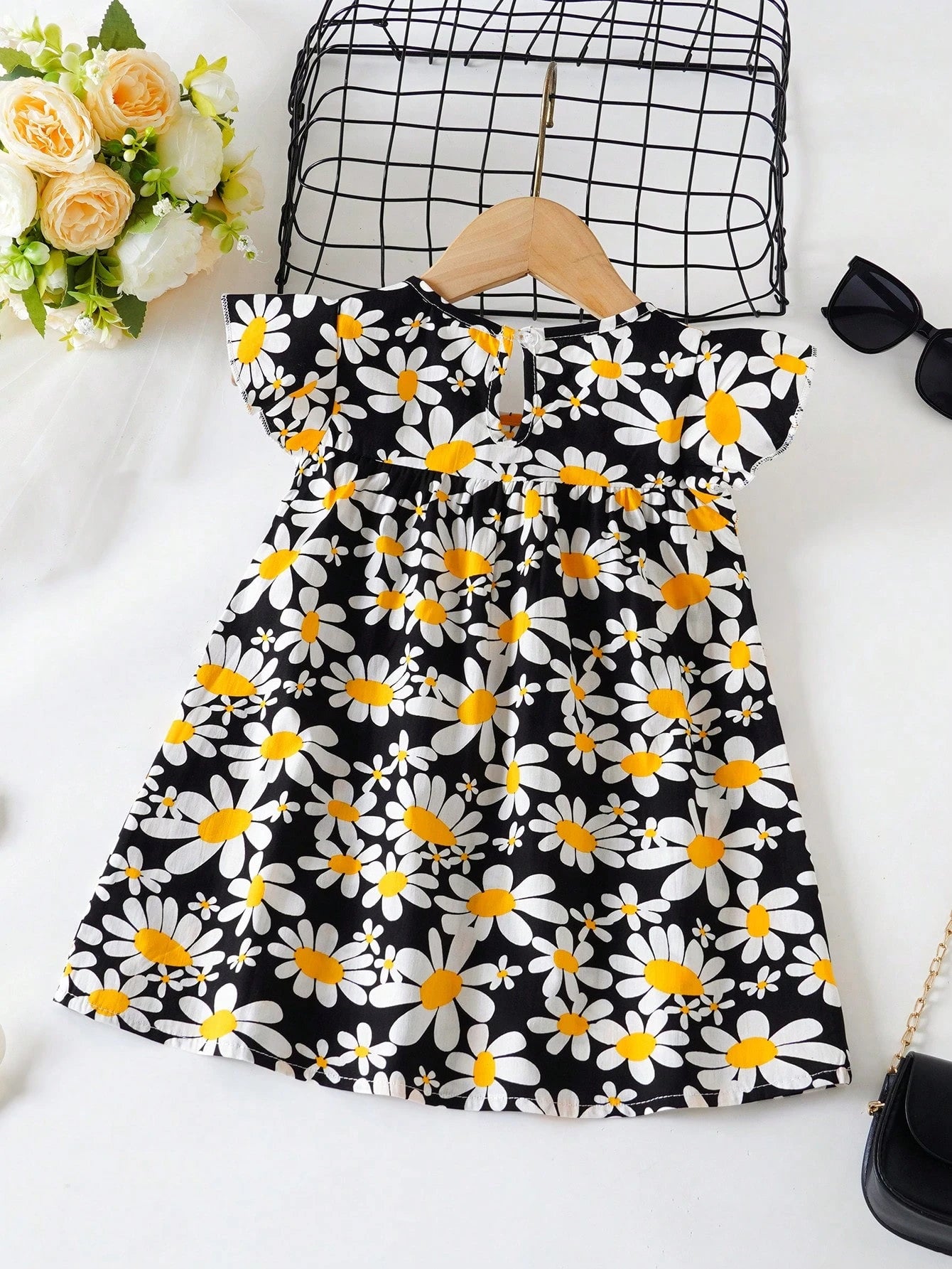 Baby Girls' Floral Print Dress, Infant Short Sleeve Cute Princess Dress