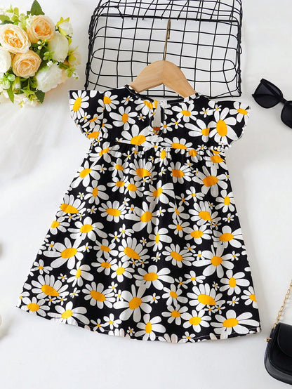 Baby Girls' Floral Print Dress, Infant Short Sleeve Cute Princess Dress