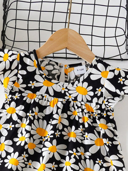Baby Girls' Floral Print Dress, Infant Short Sleeve Cute Princess Dress