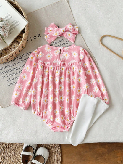 Baby Girls Pink Daisy Print Long Sleeve Romper 3 Pieces Set, Round Neck Ruffle Design, Knitted Ribbed Elastic Fabric, Spring/Autumn Sweet Baby Outfit