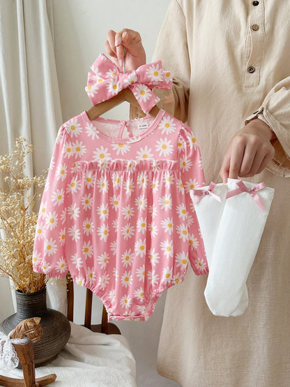 Baby Girls Pink Daisy Print Long Sleeve Romper 3 Pieces Set, Round Neck Ruffle Design, Knitted Ribbed Elastic Fabric, Spring/Autumn Sweet Baby Outfit
