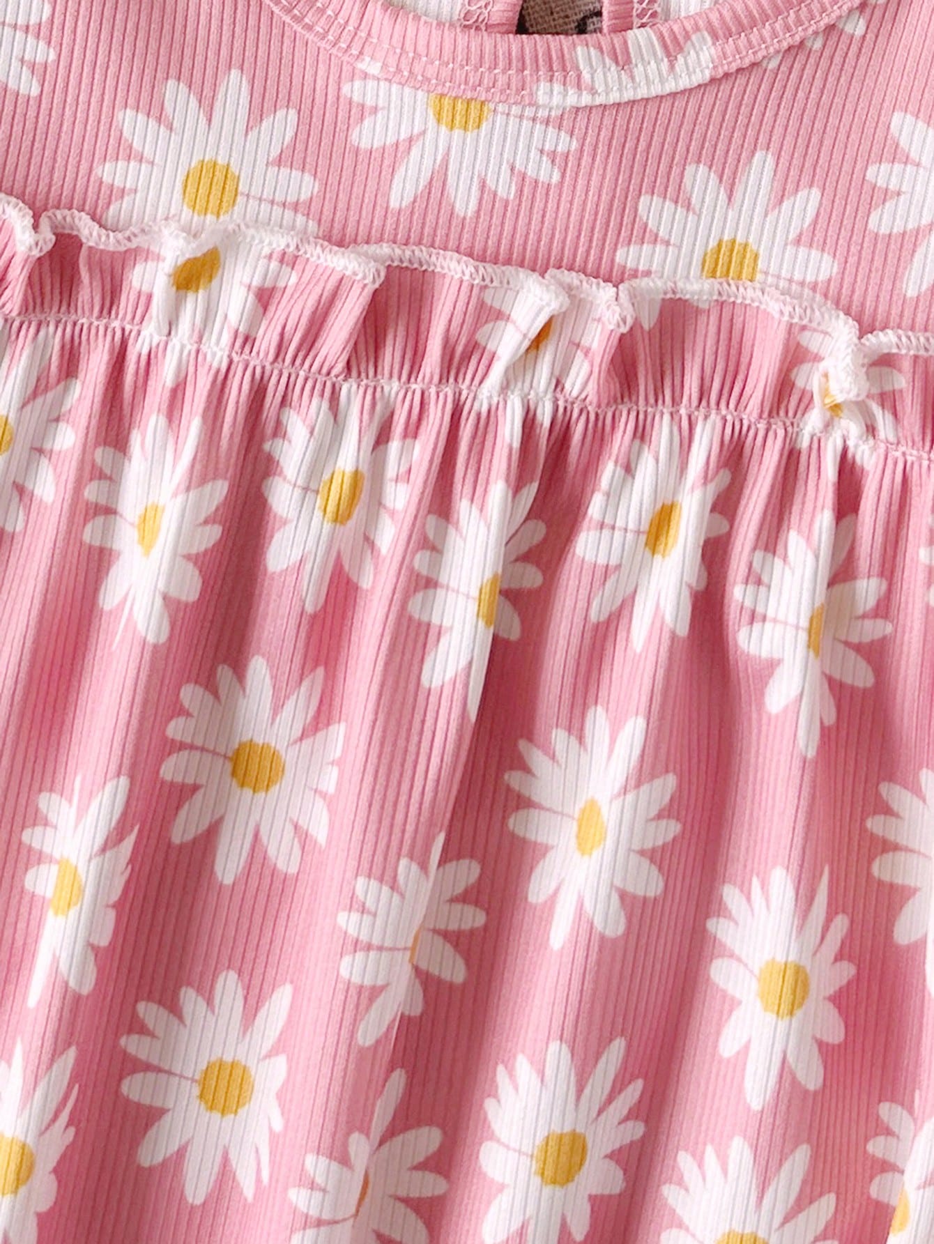 Baby Girls Pink Daisy Print Long Sleeve Romper 3 Pieces Set, Round Neck Ruffle Design, Knitted Ribbed Elastic Fabric, Spring/Autumn Sweet Baby Outfit