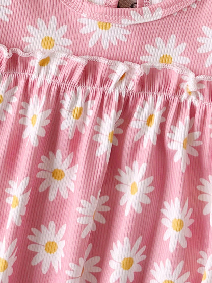 Baby Girls Pink Daisy Print Long Sleeve Romper 3 Pieces Set, Round Neck Ruffle Design, Knitted Ribbed Elastic Fabric, Spring/Autumn Sweet Baby Outfit