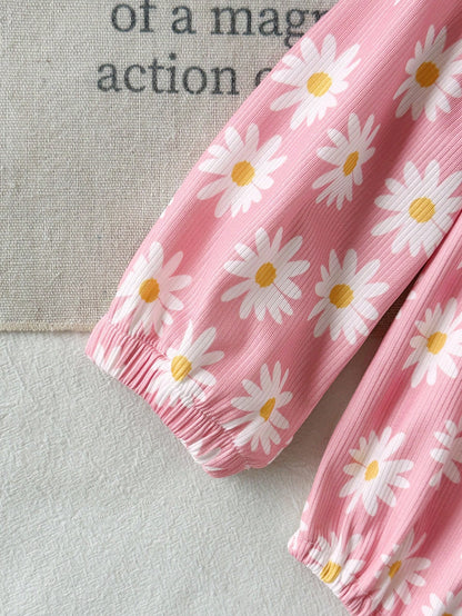Baby Girls Pink Daisy Print Long Sleeve Romper 3 Pieces Set, Round Neck Ruffle Design, Knitted Ribbed Elastic Fabric, Spring/Autumn Sweet Baby Outfit