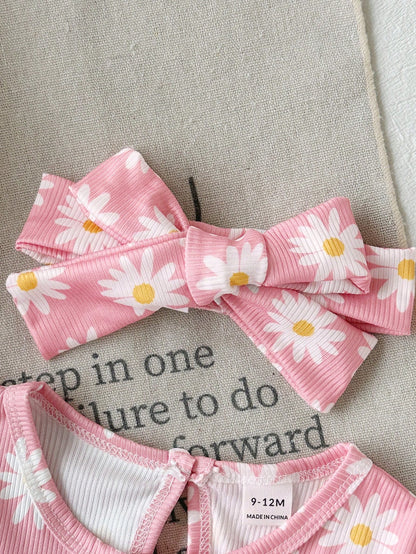 Baby Girls Pink Daisy Print Long Sleeve Romper 3 Pieces Set, Round Neck Ruffle Design, Knitted Ribbed Elastic Fabric, Spring/Autumn Sweet Baby Outfit