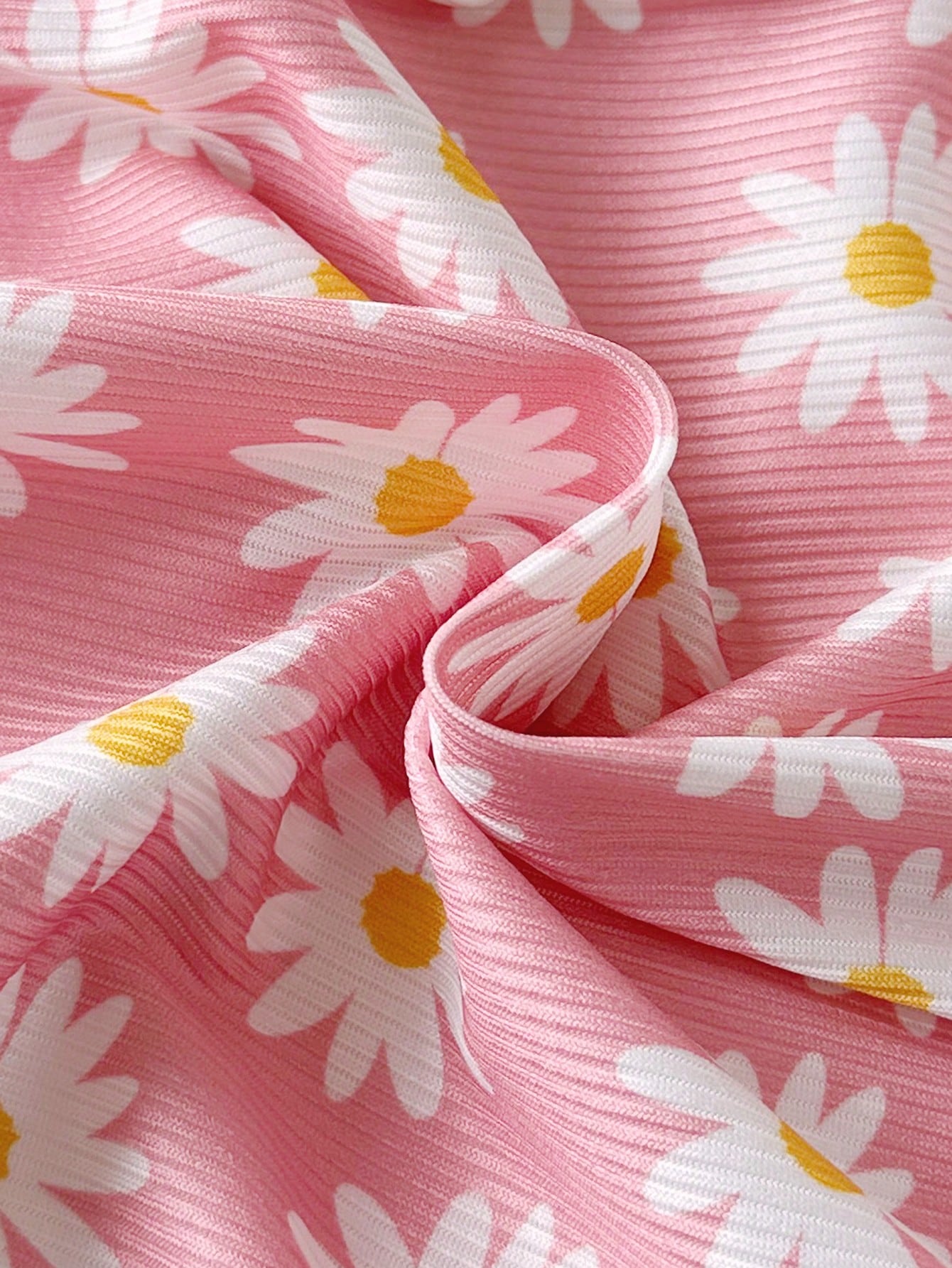 Baby Girls Pink Daisy Print Long Sleeve Romper 3 Pieces Set, Round Neck Ruffle Design, Knitted Ribbed Elastic Fabric, Spring/Autumn Sweet Baby Outfit