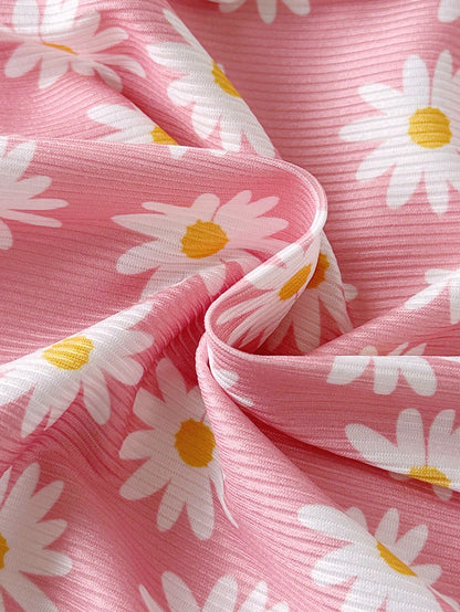 Baby Girls Pink Daisy Print Long Sleeve Romper 3 Pieces Set, Round Neck Ruffle Design, Knitted Ribbed Elastic Fabric, Spring/Autumn Sweet Baby Outfit
