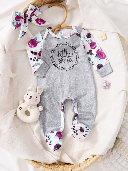 Baby Girls' Printed Simple Daily Headband Sleepwear Romper
