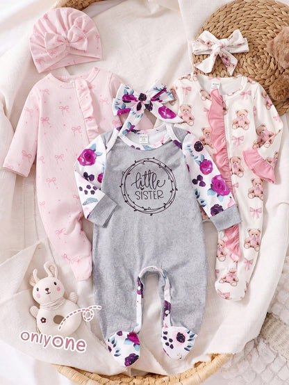 Baby Girls' Printed Simple Daily Headband Sleepwear Romper