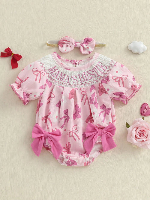 Baby Girls Rompers Letter Embroidery Bow Print Short Sleeve Infant Bodysuits Jumpsuits With Headband