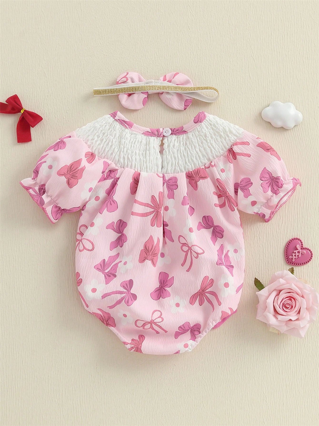 Baby Girls Rompers Letter Embroidery Bow Print Short Sleeve Infant Bodysuits Jumpsuits With Headband