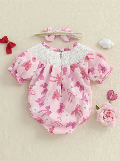 Baby Girls Rompers Letter Embroidery Bow Print Short Sleeve Infant Bodysuits Jumpsuits With Headband