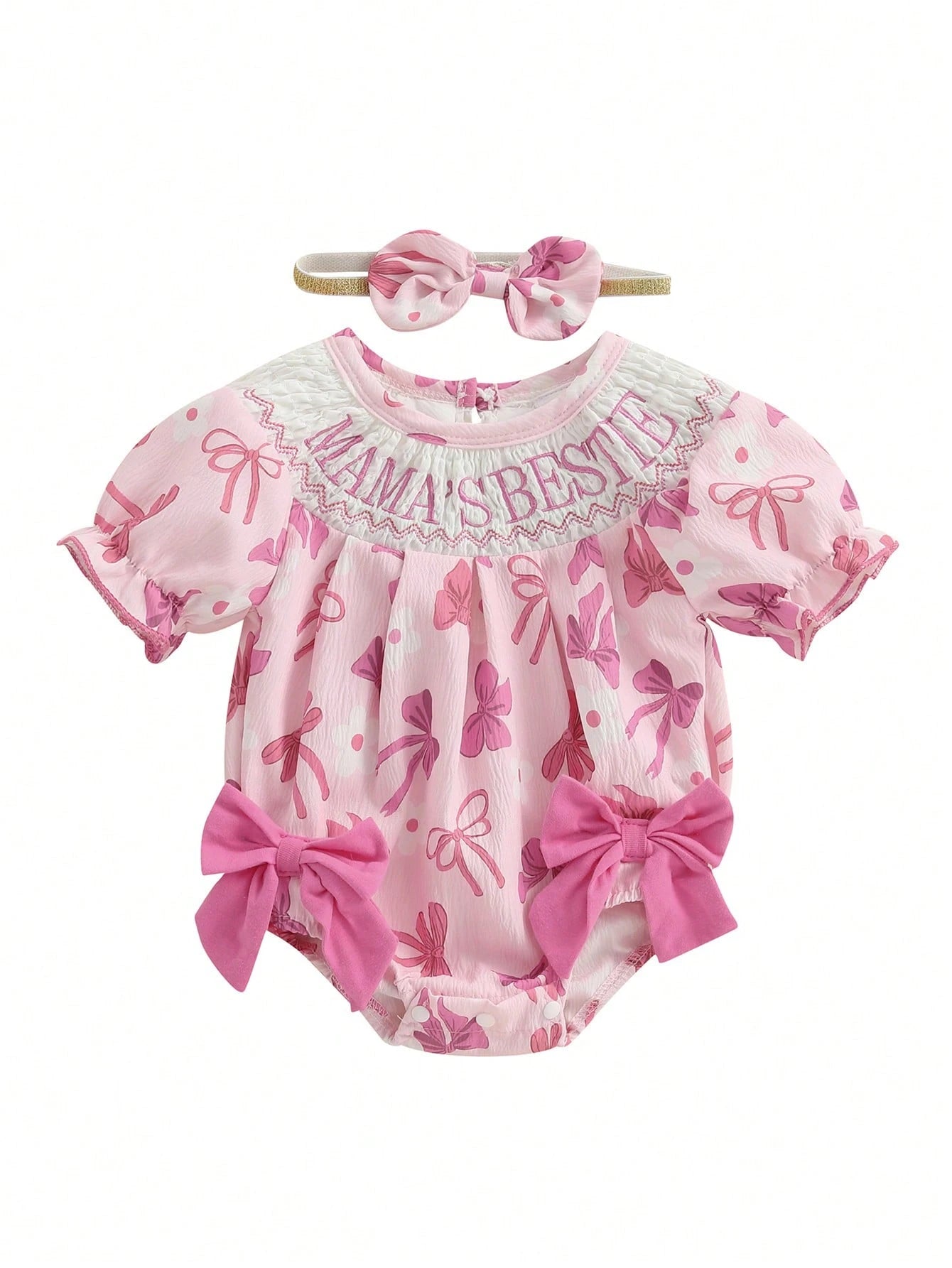 Baby Girls Rompers Letter Embroidery Bow Print Short Sleeve Infant Bodysuits Jumpsuits With Headband