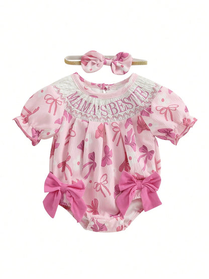 Baby Girls Rompers Letter Embroidery Bow Print Short Sleeve Infant Bodysuits Jumpsuits With Headband