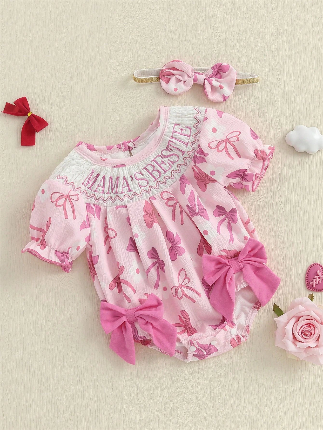 Baby Girls Rompers Letter Embroidery Bow Print Short Sleeve Infant Bodysuits Jumpsuits With Headband