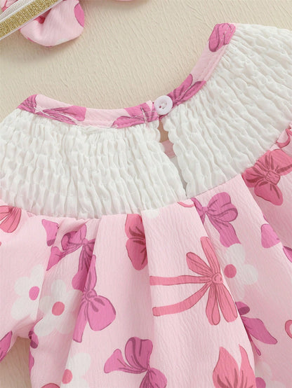 Baby Girls Rompers Letter Embroidery Bow Print Short Sleeve Infant Bodysuits Jumpsuits With Headband