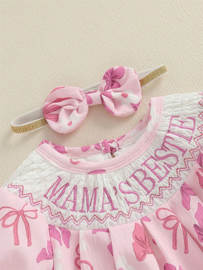 Baby Girls Rompers Letter Embroidery Bow Print Short Sleeve Infant Bodysuits Jumpsuits With Headband