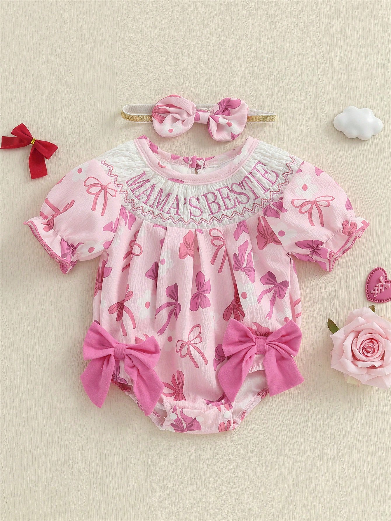 Baby Girls Rompers Letter Embroidery Bow Print Short Sleeve Infant Bodysuits Jumpsuits With Headband
