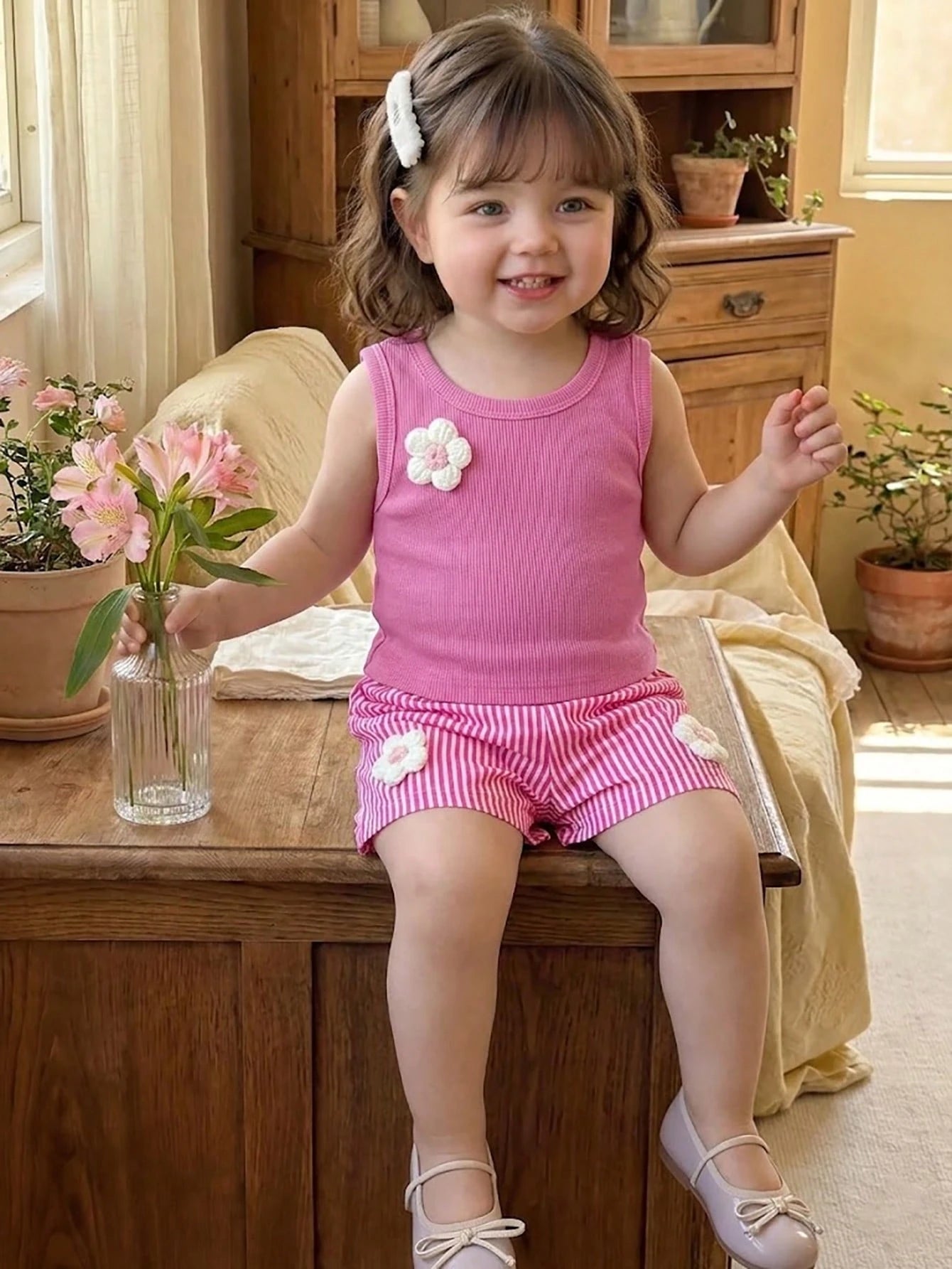 Baby Girls' Summer Tank Top Set, Pink Sweet & Gentle Style, Ribbed Sleeveless Round Neck Tank Top With Matching Casual Shorts, White 3D Flower Decoration, Simple & Cute 2-Piece Set, Slouchy Sweet Comf