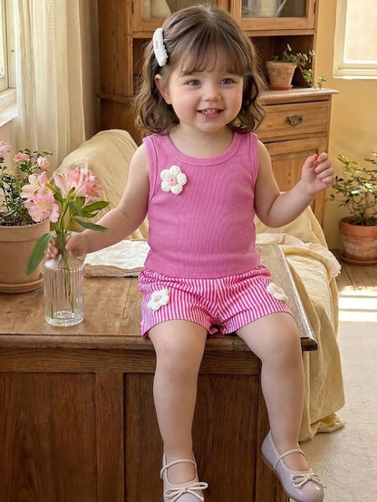 Baby Girls' Summer Tank Top Set, Pink Sweet & Gentle Style, Ribbed Sleeveless Round Neck Tank Top With Matching Casual Shorts, White 3D Flower Decoration, Simple & Cute 2-Piece Set, Slouchy Sweet Comf