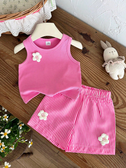 Baby Girls' Summer Tank Top Set, Pink Sweet & Gentle Style, Ribbed Sleeveless Round Neck Tank Top With Matching Casual Shorts, White 3D Flower Decoration, Simple & Cute 2-Piece Set, Slouchy Sweet Comf