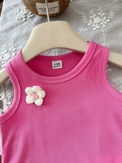 Baby Girls' Summer Tank Top Set, Pink Sweet & Gentle Style, Ribbed Sleeveless Round Neck Tank Top With Matching Casual Shorts, White 3D Flower Decoration, Simple & Cute 2-Piece Set, Slouchy Sweet Comf