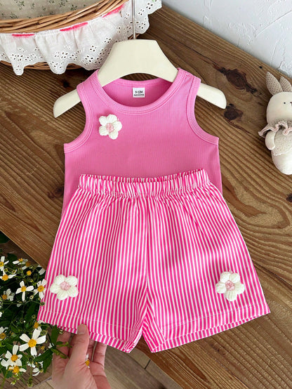 Baby Girls' Summer Tank Top Set, Pink Sweet & Gentle Style, Ribbed Sleeveless Round Neck Tank Top With Matching Casual Shorts, White 3D Flower Decoration, Simple & Cute 2-Piece Set, Slouchy Sweet Comf
