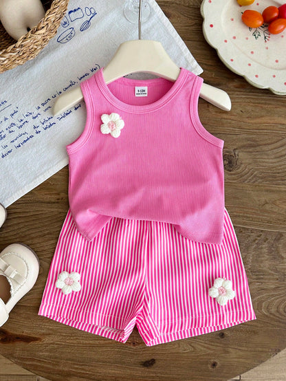 Baby Girls' Summer Tank Top Set, Pink Sweet & Gentle Style, Ribbed Sleeveless Round Neck Tank Top With Matching Casual Shorts, White 3D Flower Decoration, Simple & Cute 2-Piece Set, Slouchy Sweet Comf