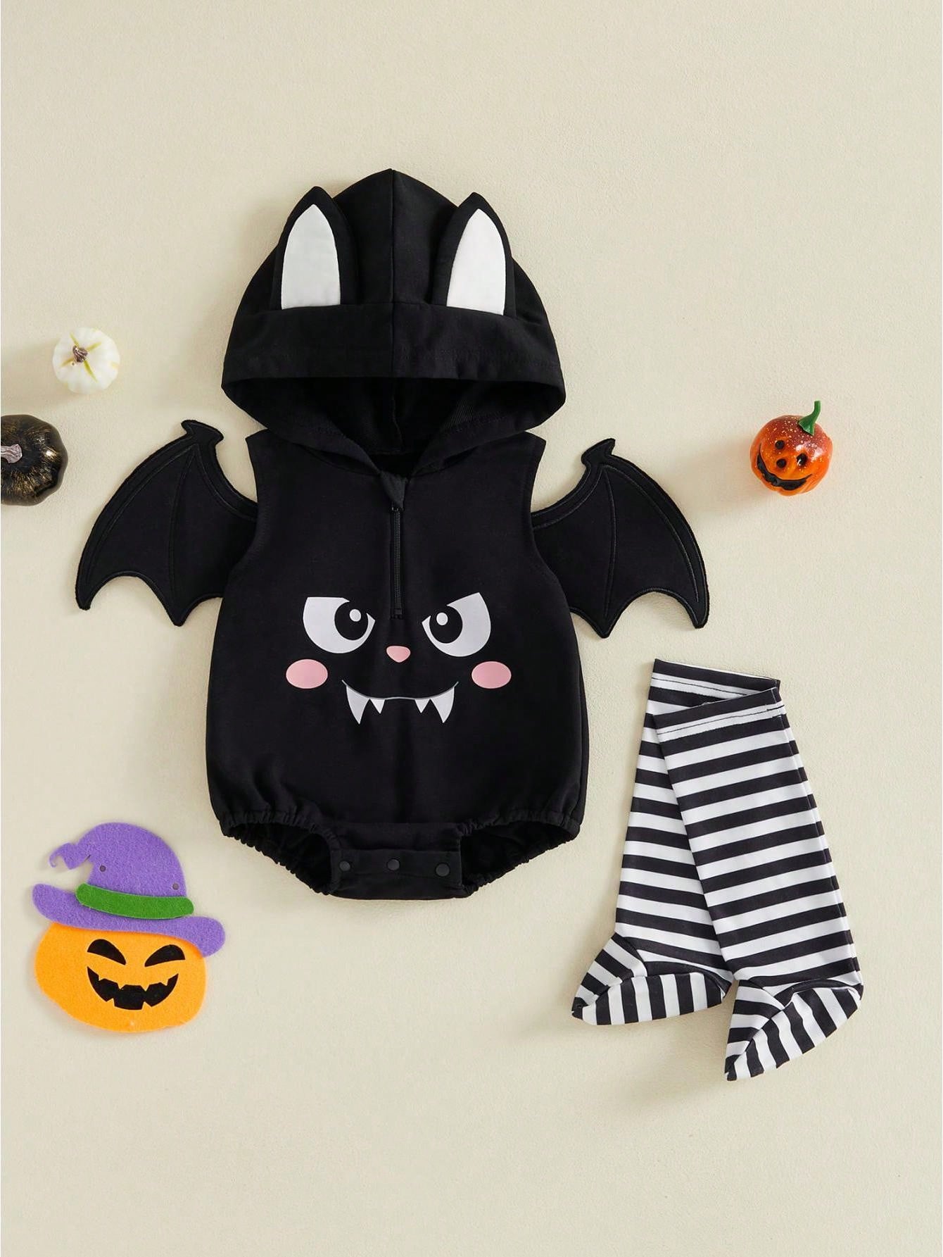 Baby Halloween Hooded Bat Or Cat Romper- Pumpkin Print Long Sleeve Jumpsuit With Stripe Socks For Fall Party Daily