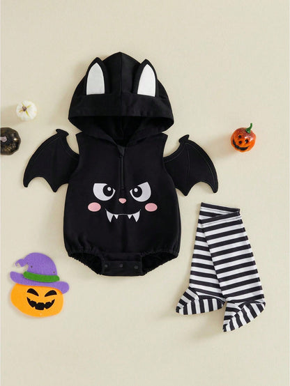 Baby Halloween Hooded Bat Or Cat Romper- Pumpkin Print Long Sleeve Jumpsuit With Stripe Socks For Fall Party Daily