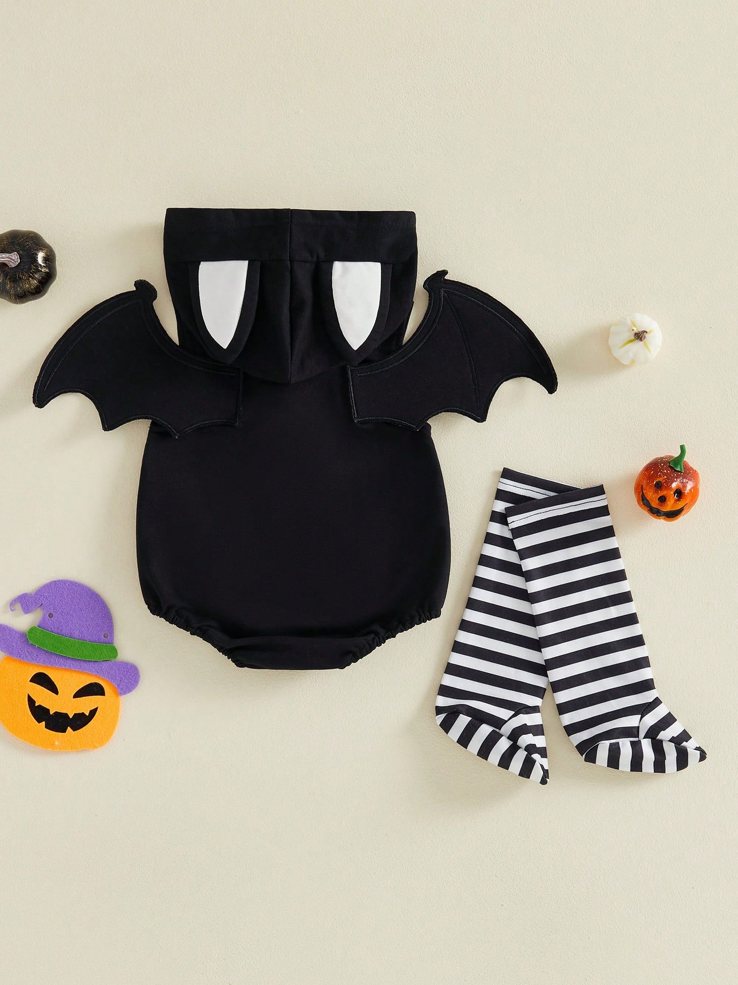Baby Halloween Hooded Bat Or Cat Romper- Pumpkin Print Long Sleeve Jumpsuit With Stripe Socks For Fall Party Daily