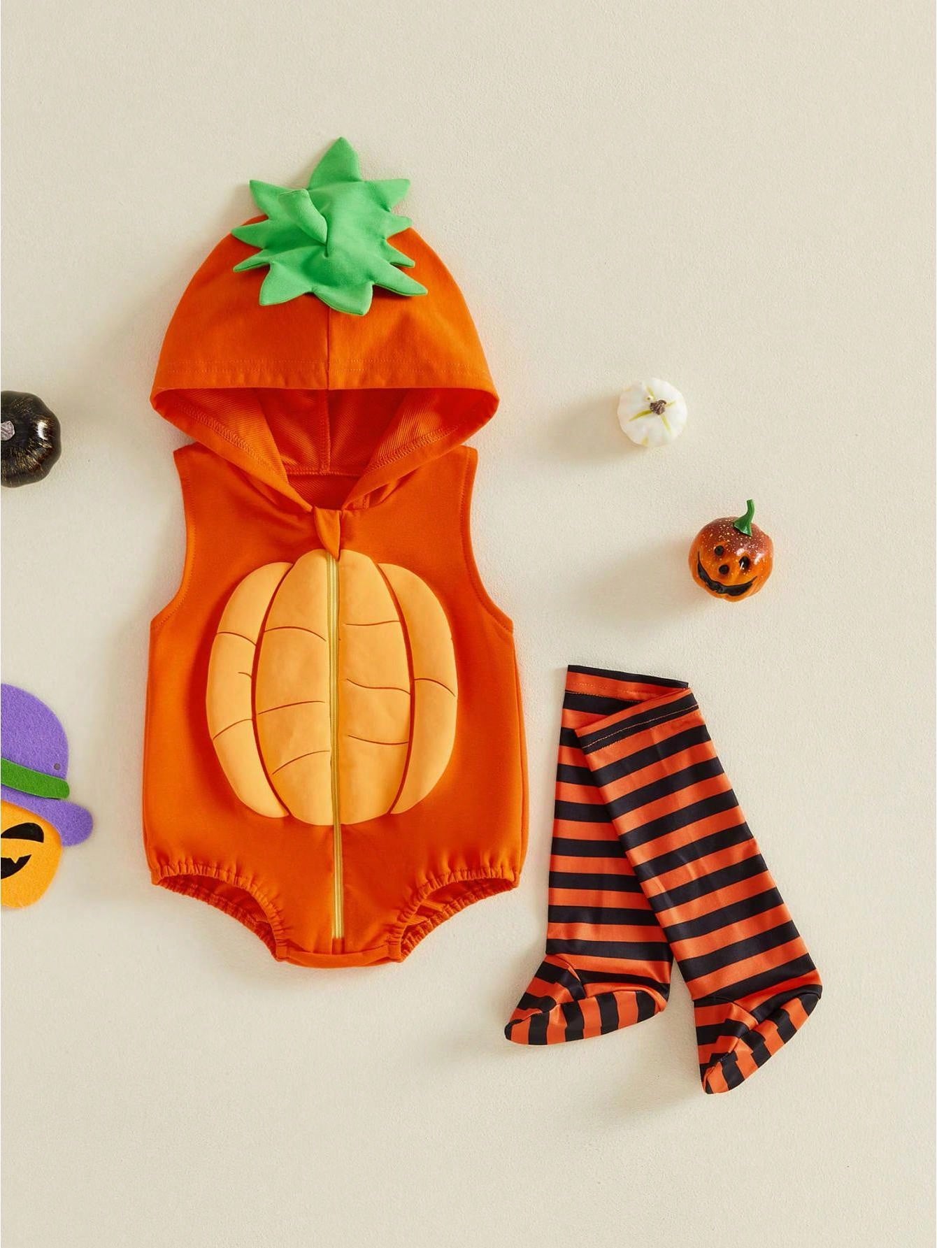 Baby Halloween Hooded Bat Or Cat Romper- Pumpkin Print Long Sleeve Jumpsuit With Stripe Socks For Fall Party Daily
