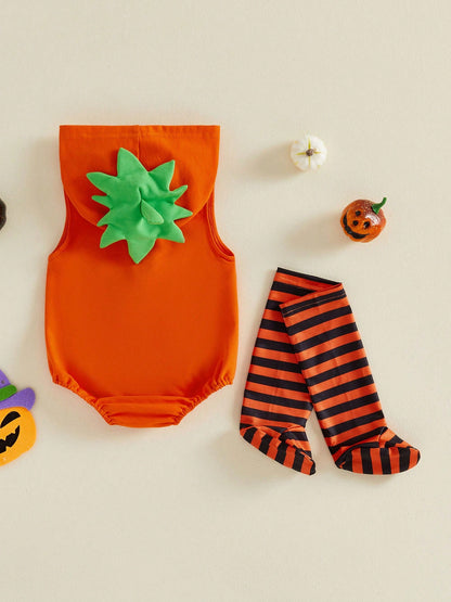 Baby Halloween Hooded Bat Or Cat Romper- Pumpkin Print Long Sleeve Jumpsuit With Stripe Socks For Fall Party Daily