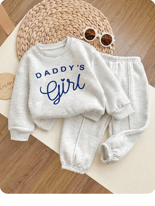 Babygirl Knit Autumn/Winter Letter Pattern Long Sleeve Sweatshirt & Elastic Waist Long Pants 2pcs