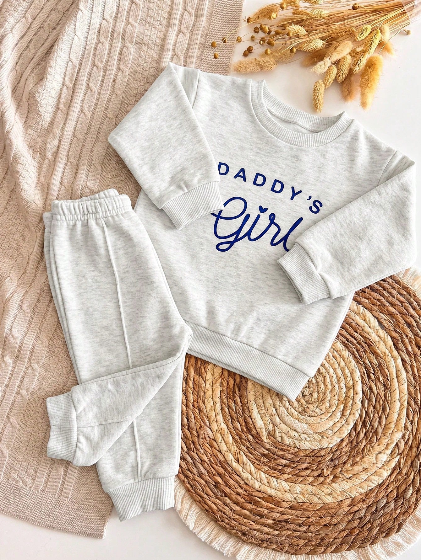 Babygirl Knit Autumn/Winter Letter Pattern Long Sleeve Sweatshirt & Elastic Waist Long Pants 2pcs