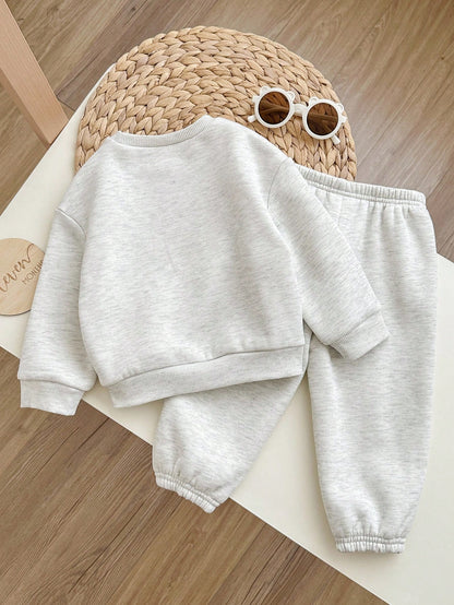 Babygirl Knit Autumn/Winter Letter Pattern Long Sleeve Sweatshirt & Elastic Waist Long Pants 2pcs
