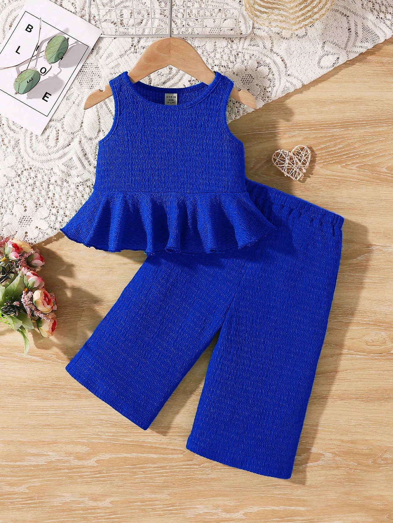 Babygirl Summer Cute Solid Color Textured Sleeveless Top And Elastic Waist Loose Pants Set