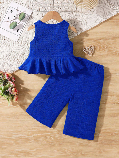 Babygirl Summer Cute Solid Color Textured Sleeveless Top And Elastic Waist Loose Pants Set