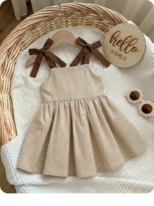 Babygirl Vacation Casual Cute Color Block Camisole Dress Matching Linen Dresses Sleeveless Mini Mom Daughter Bow Shoulder Midi