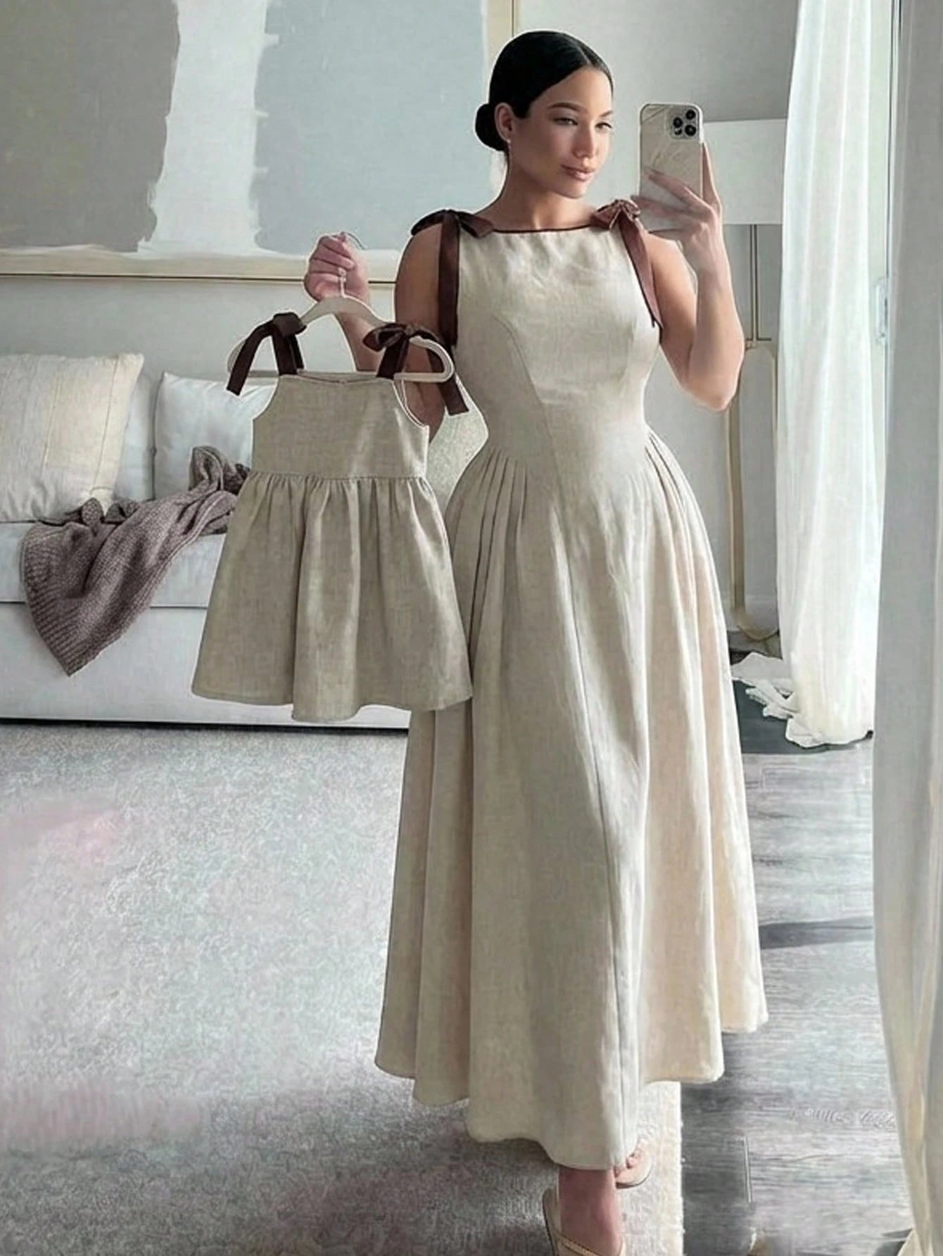 Babygirl Vacation Casual Cute Color Block Camisole Dress Matching Linen Dresses Sleeveless Mini Mom Daughter Bow Shoulder Midi