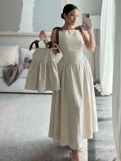 Babygirl Vacation Casual Cute Color Block Camisole Dress Matching Linen Dresses Sleeveless Mini Mom Daughter Bow Shoulder Midi