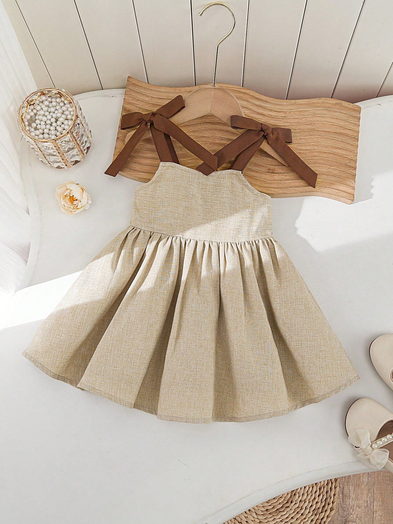 Babygirl Vacation Casual Cute Color Block Camisole Dress Matching Linen Dresses Sleeveless Mini Mom Daughter Bow Shoulder Midi