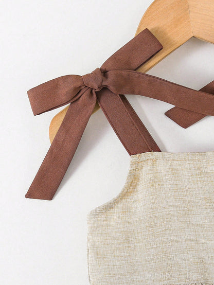 Babygirl Vacation Casual Cute Color Block Camisole Dress Matching Linen Dresses Sleeveless Mini Mom Daughter Bow Shoulder Midi