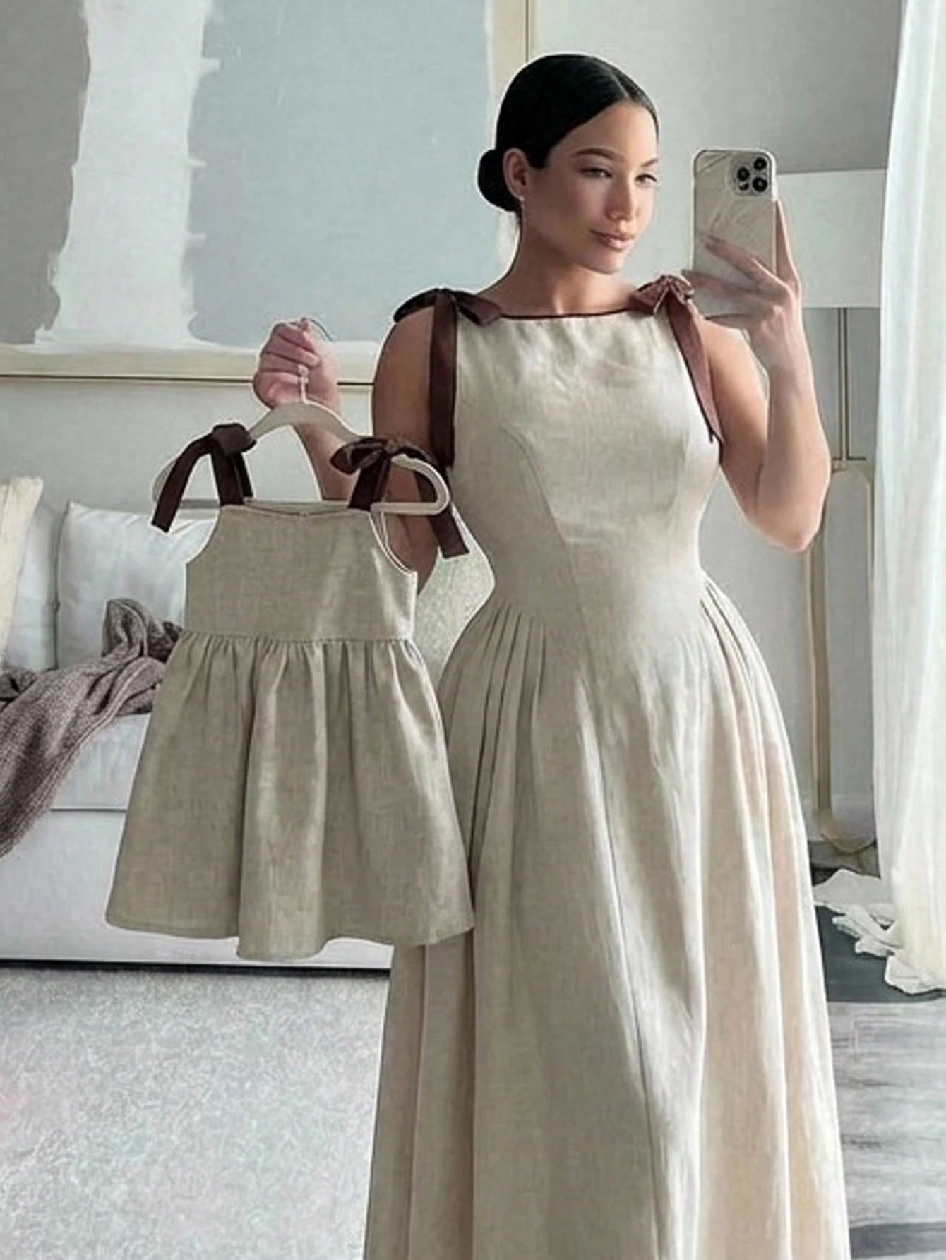 Babygirl Vacation Casual Cute Color Block Camisole Dress Matching Linen Dresses Sleeveless Mini Mom Daughter Bow Shoulder Midi