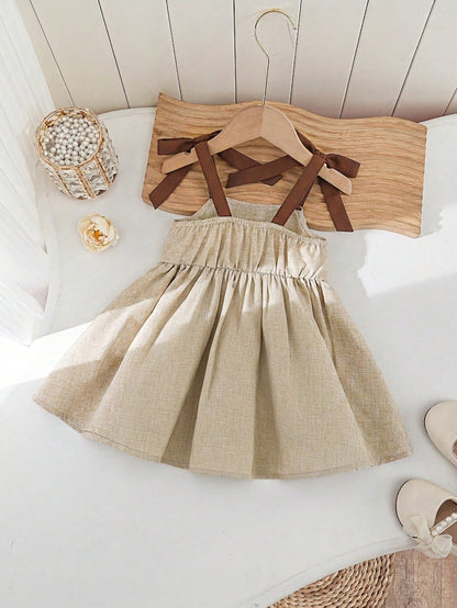 Babygirl Vacation Casual Cute Color Block Camisole Dress Matching Linen Dresses Sleeveless Mini Mom Daughter Bow Shoulder Midi