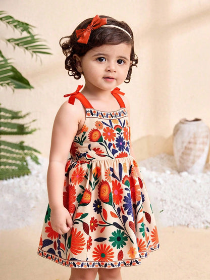 Babygirl Vacation Casual Cute Color Block Camisole Dress Matching Linen Dresses Sleeveless Mini Mom Daughter Bow Shoulder Midi