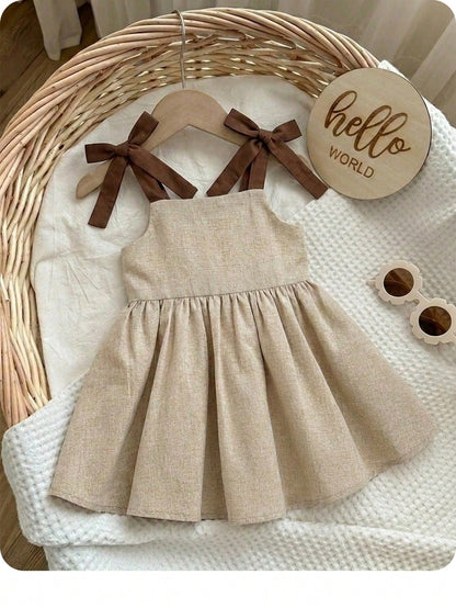 Babygirl Vacation Casual Cute Color Block Camisole Dress Matching Linen Dresses Sleeveless Mini Mom Daughter Bow Shoulder Midi