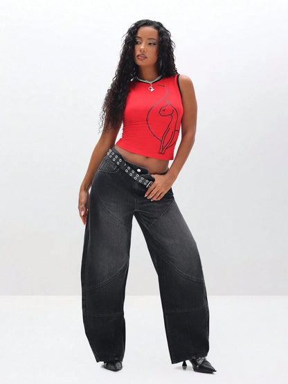BABYPHAT Sleeveless Tank Top With Graphic Print And Contrast Binding For Summer Casual Wear Red Top Women