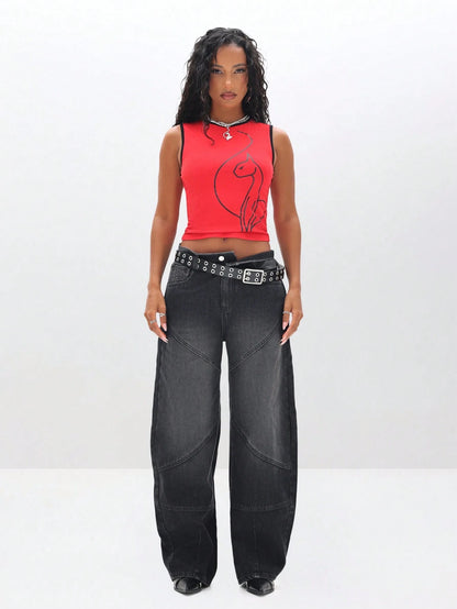 BABYPHAT Sleeveless Tank Top With Graphic Print And Contrast Binding For Summer Casual Wear Red Top Women